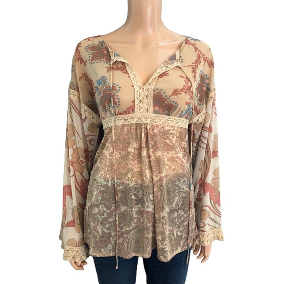 Express Tops - Y2K Express Peasant Top Bell Sleeve Retro Floral Print Hippie Mesh